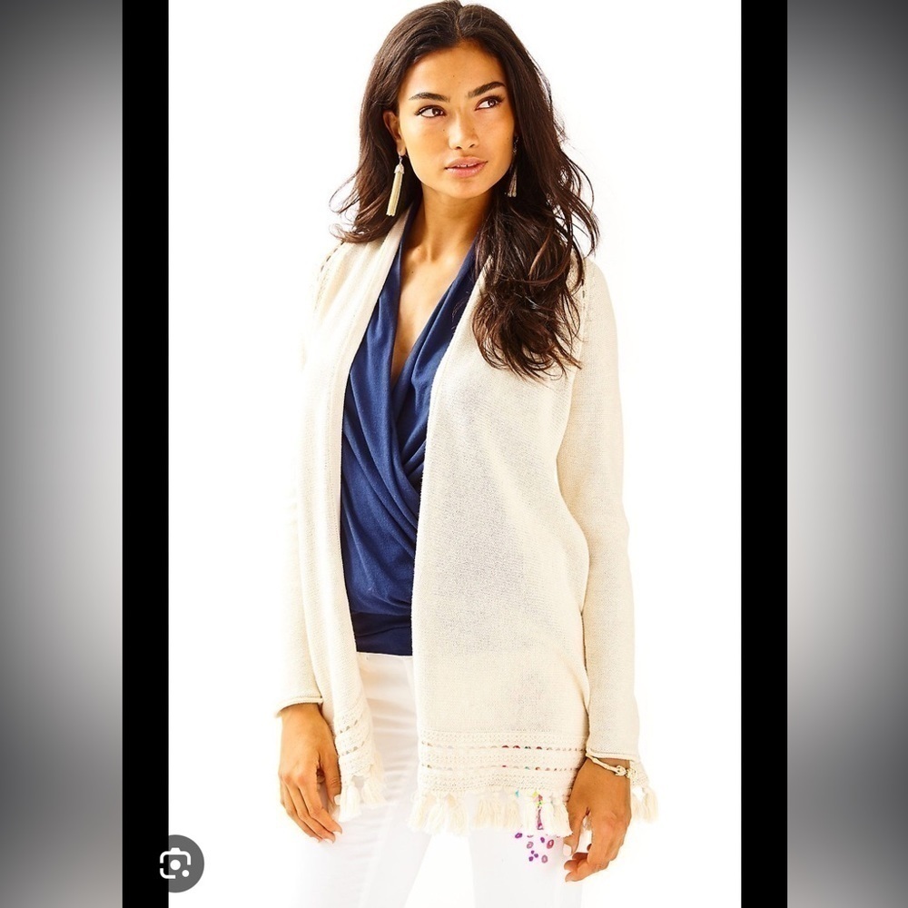 Lilly Pulitzer Martinique Fringe Cardigan Sweater Heathered Sand Dune‎